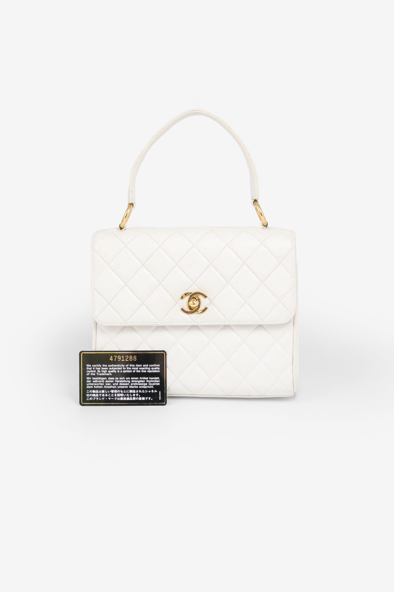 chanel top handle quilted lambskin ghw vintage bag white, with authenticity card