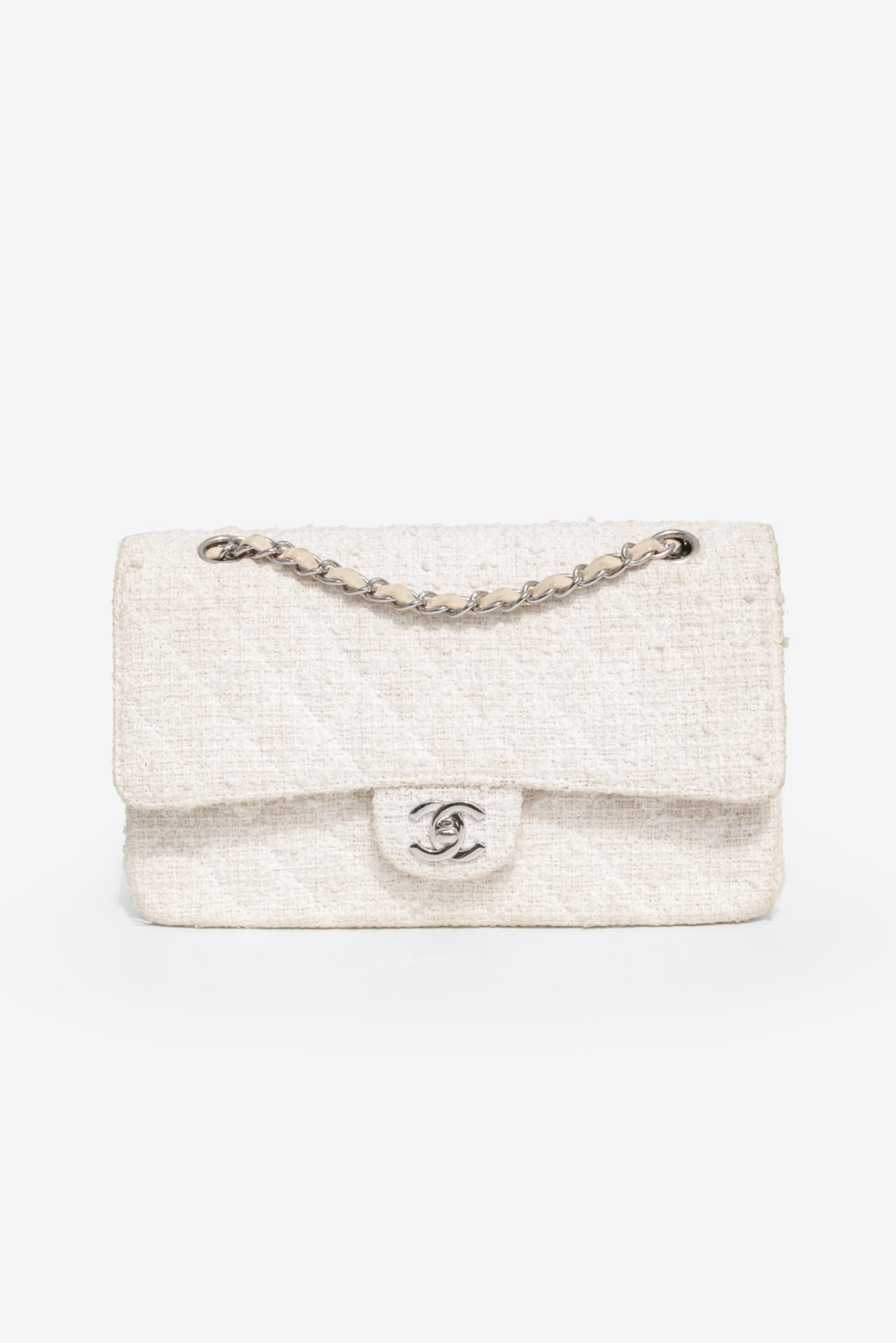chanel classic double flap medium tweed white