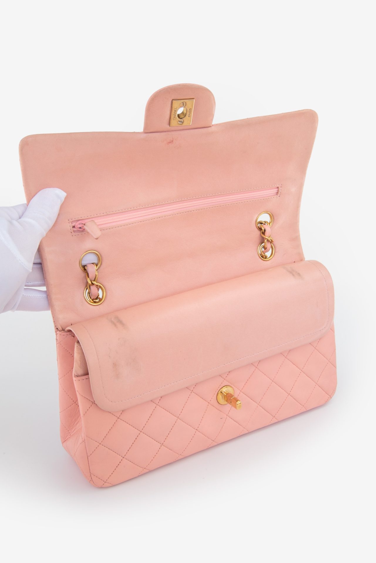 chanel pink bag inside
