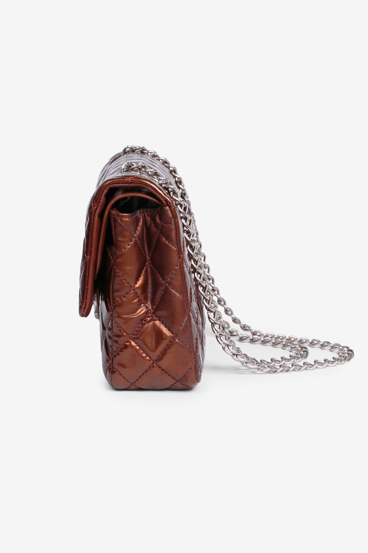 chanel brown patent bag side
