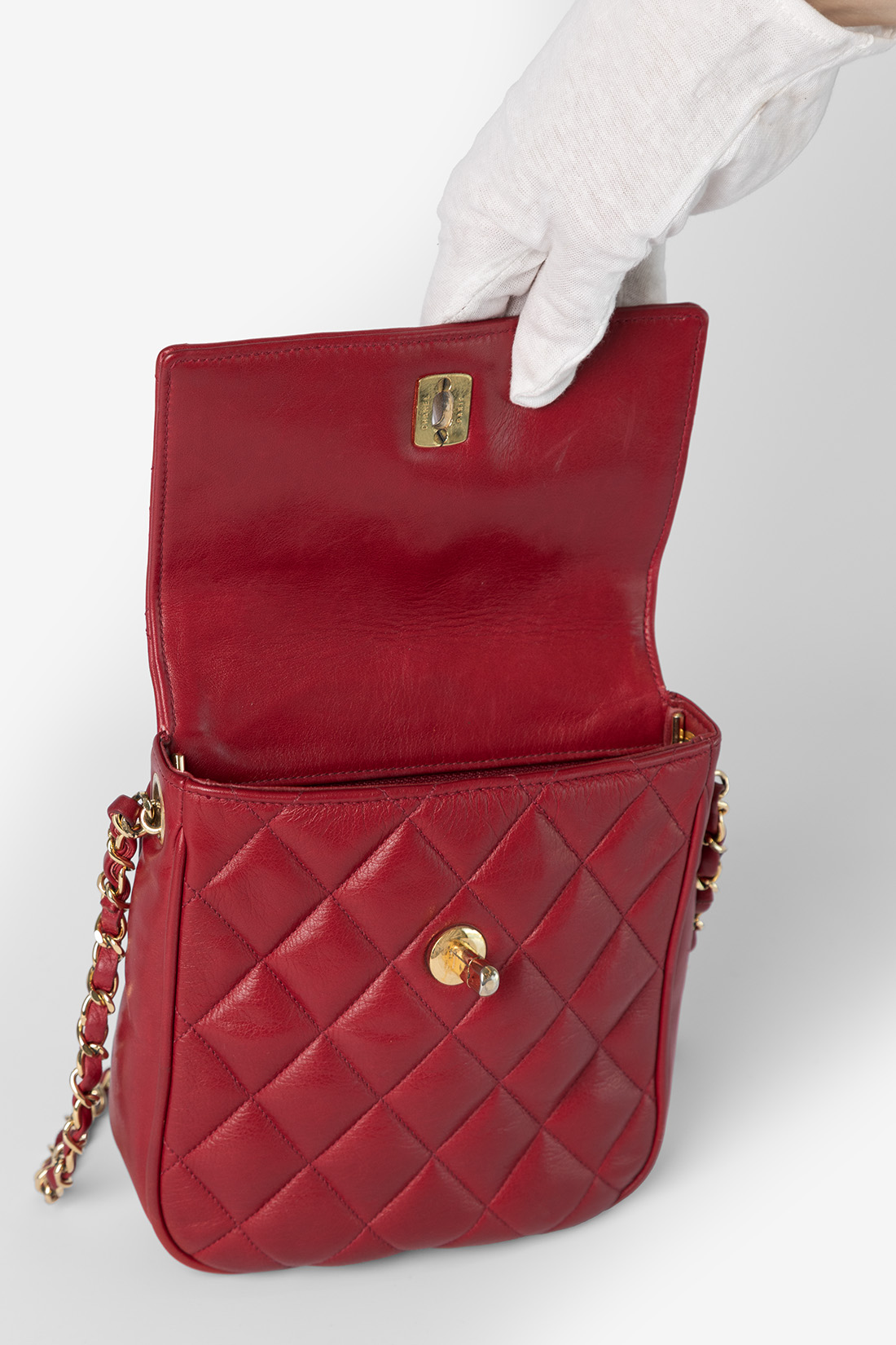 chanel red mini bag open