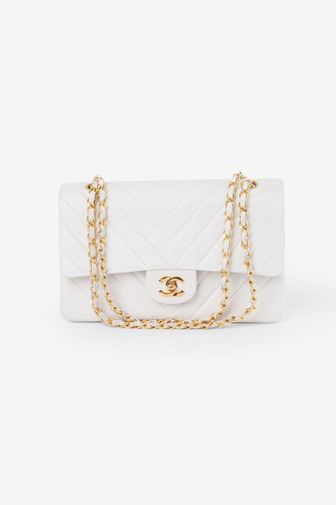 Chanel chevron white flap bag ghw