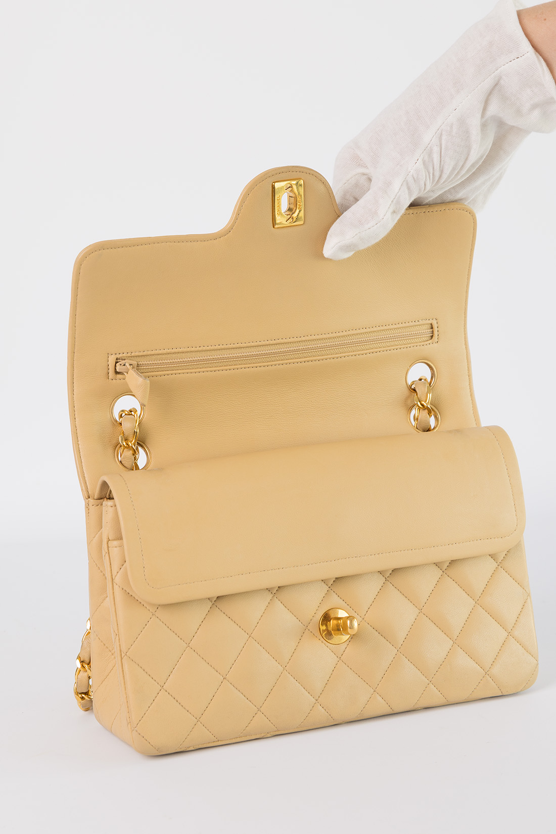 vintage chanel classic double flap beige interior