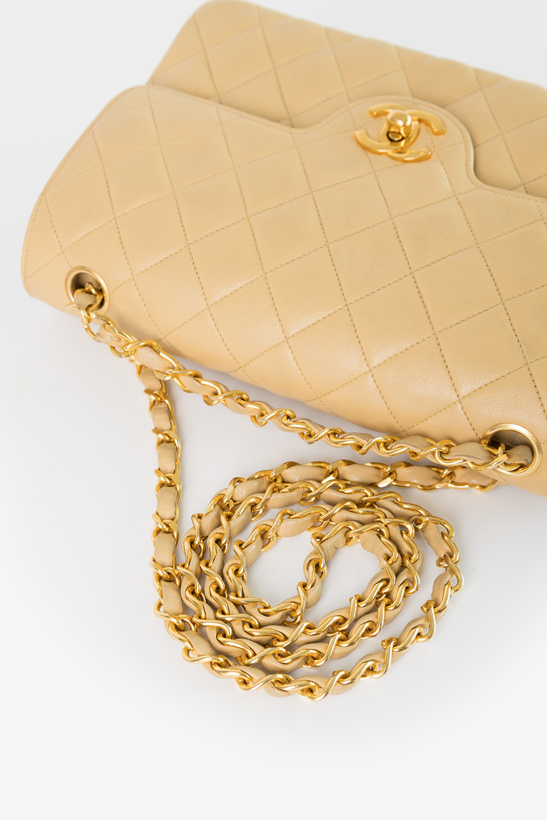 vintage chanel gold chain beige leather