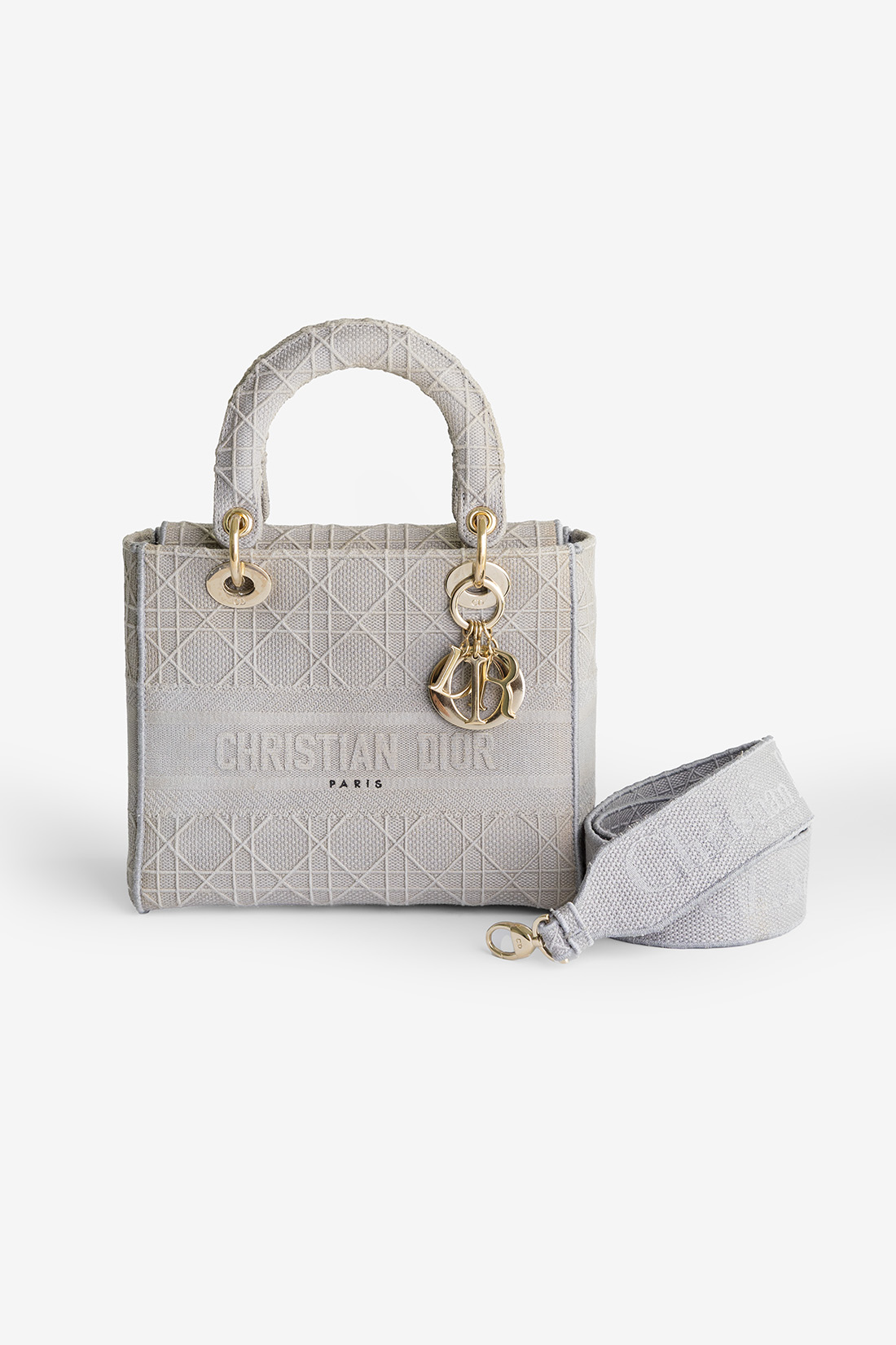 lady dior d-lite embroidered cannage medium grey canvas bag