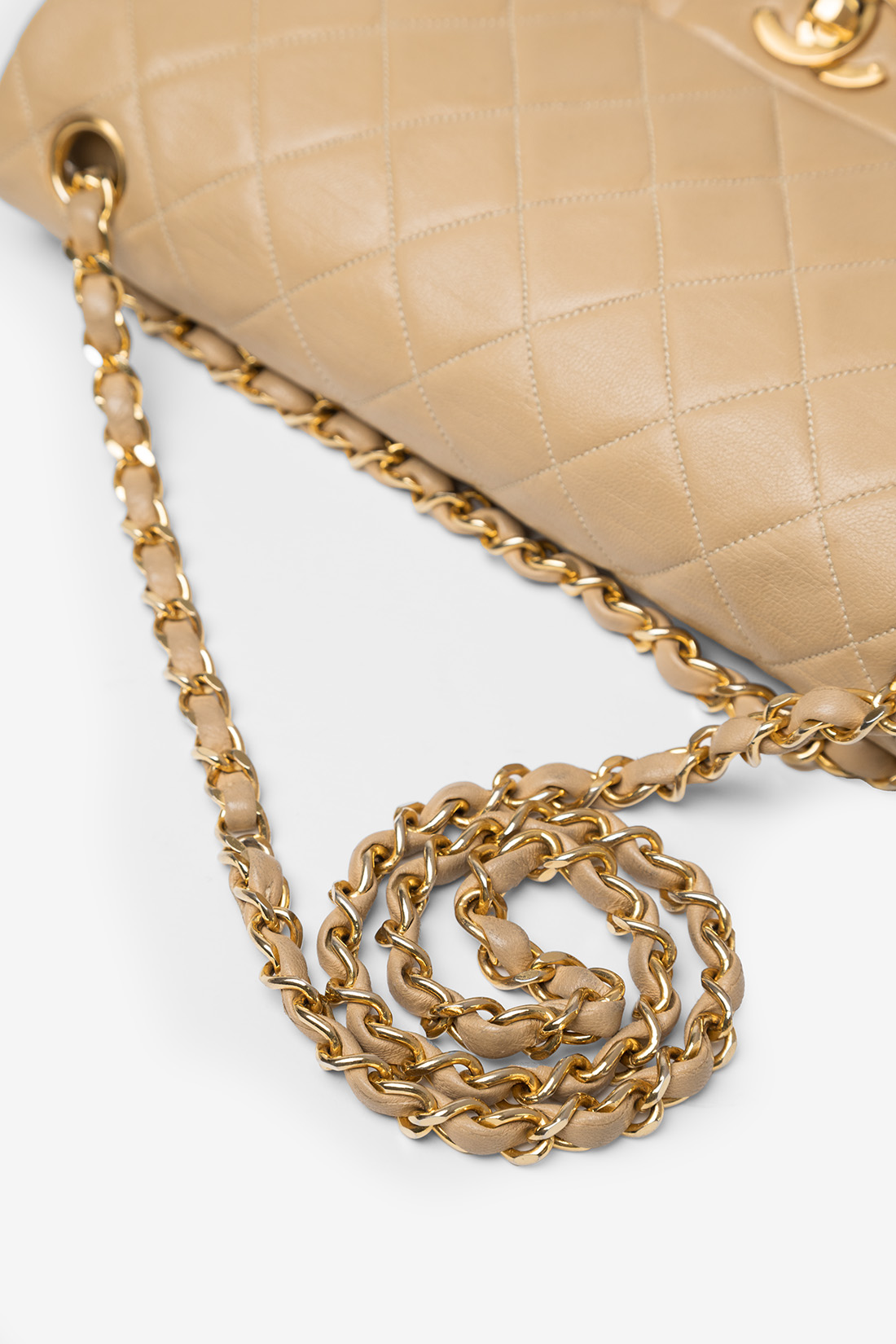 chanel beige leather 24k gold chain