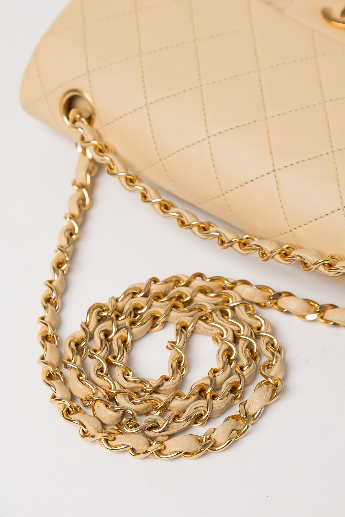 chanel beige leather gold chain